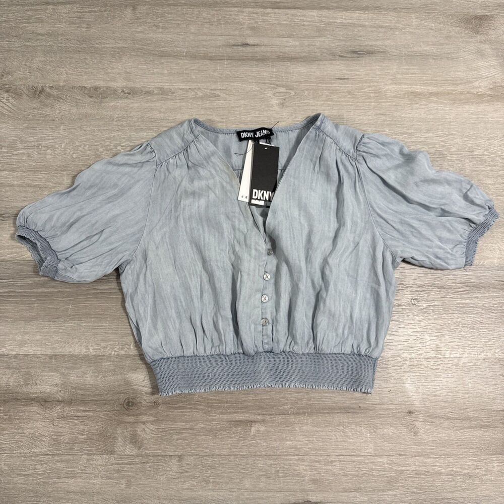 DKNY Jeans Crop Top Women’s Medium Light Wash Denim Puff Sleeve NWT Flaw